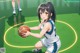 A girl holding a basketball on a basketball court.