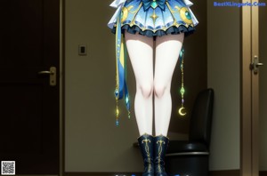 A woman in a blue and white dress and boots standing in a room.